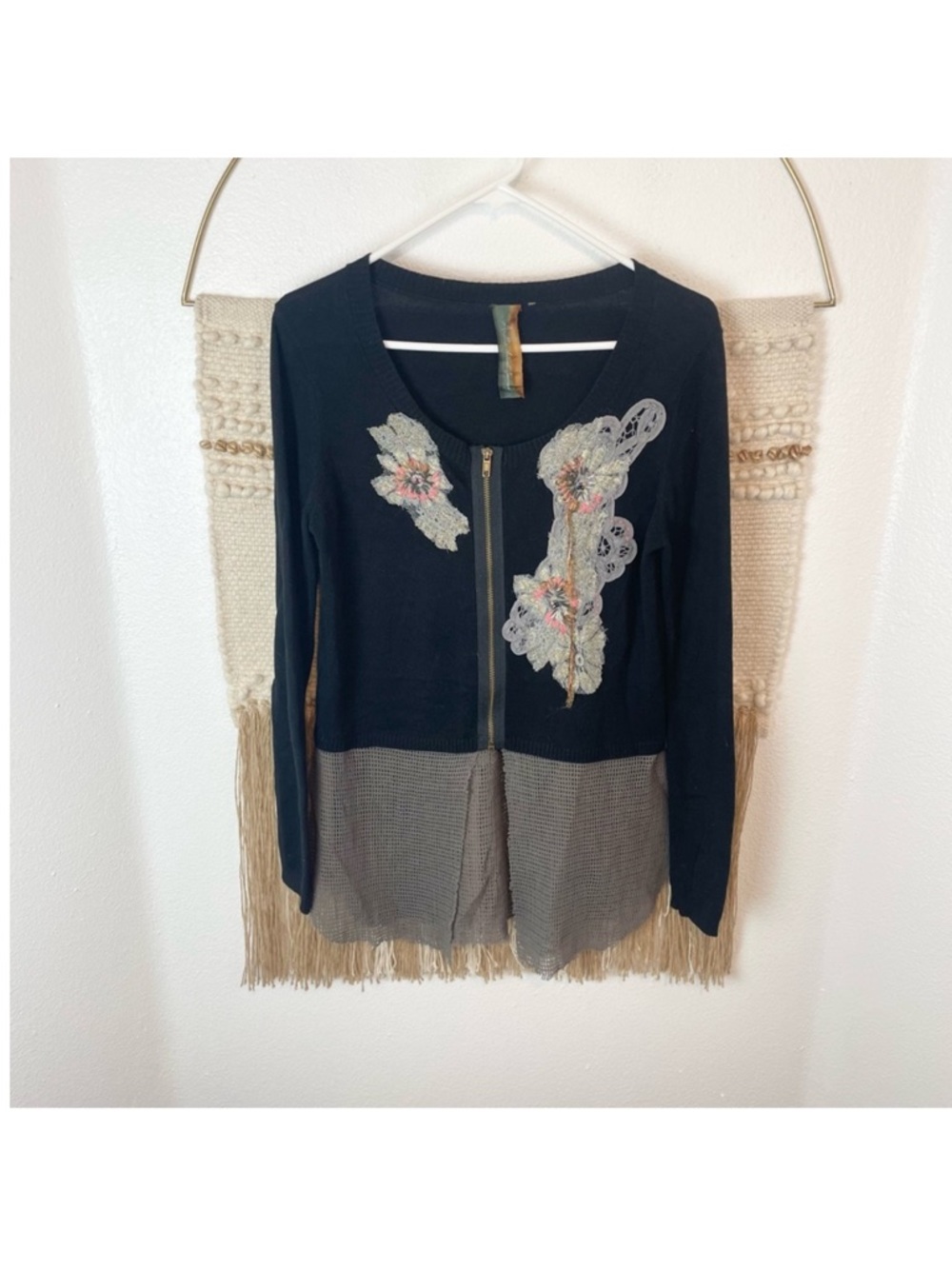Anthropologie Aratta Silent Journey Black and Gray Embroidered Cardigan S